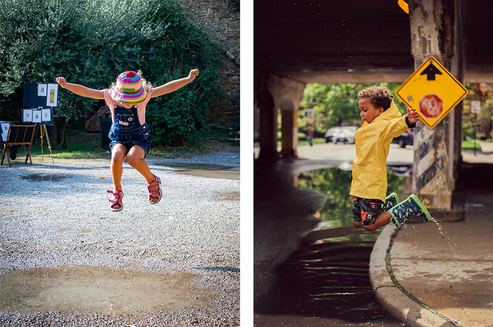 Kids jumping in puddles