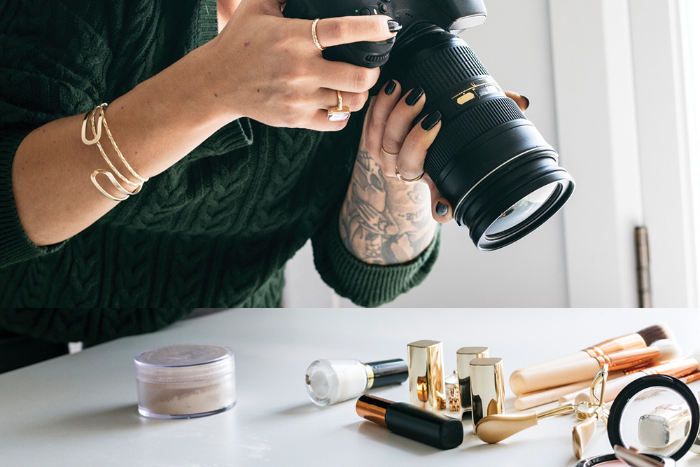 Female photographer taking photos of make-up prouducts