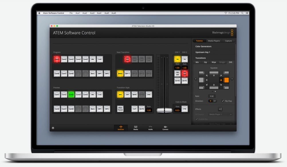 The onscreen interface of the switcher. There are also options for Media, Audio and Camera Control.